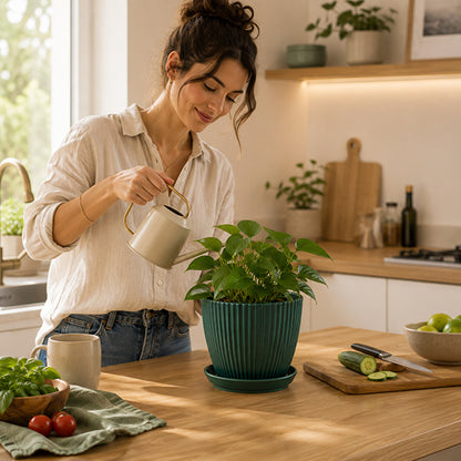 femme arrosant sa plante dans pot de fleur colonne romaine