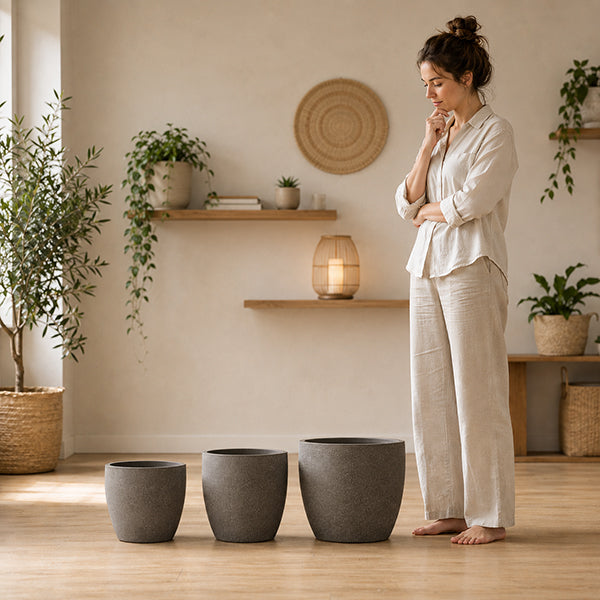 femme choisissant entre différentes tailles de gros pot de fleur