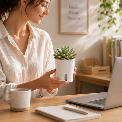 femme dans son bureau tenant pot de fleurs interieur mini source