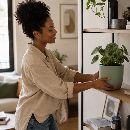 femme deposant pot de fleur vert sur etagere salon