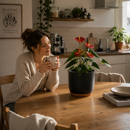 femme observant pot de fleur noir sur table a manger