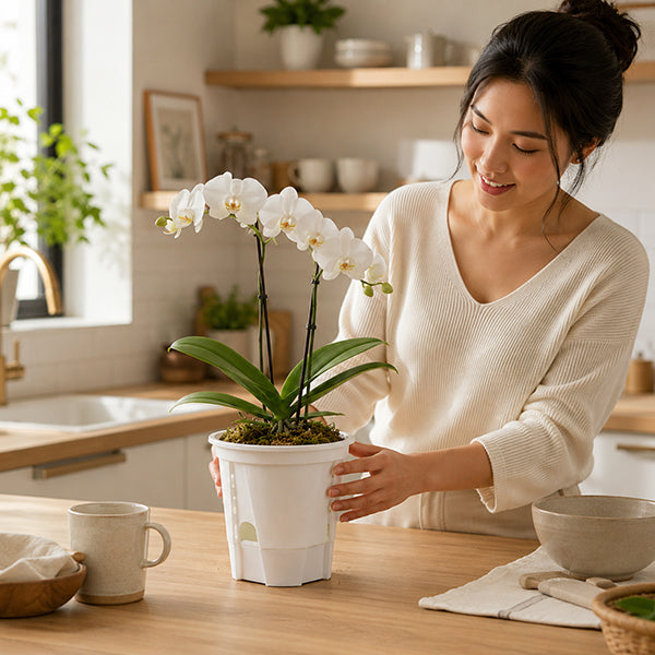 femme placant son pot de fleurs elegant avec son orchidee