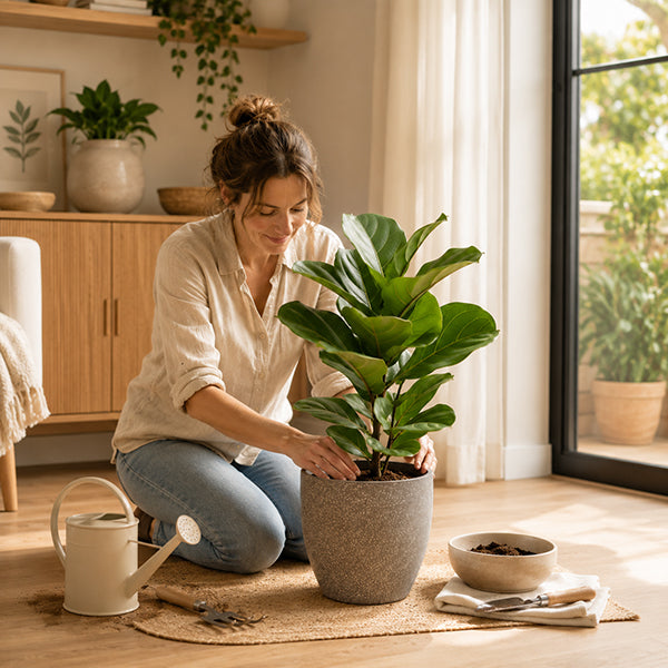 femme rempotant plante dans gros pot de fleur
