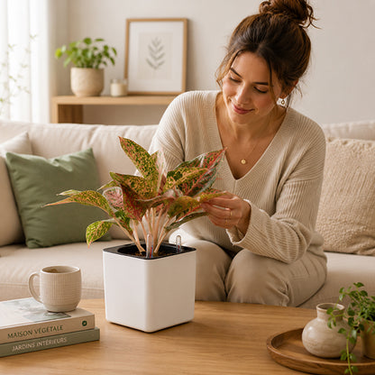 femme soccupant de sa plante dans le pot de fleur aquacube
