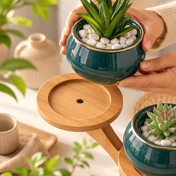 femme deposant pot sur porte plante ascension