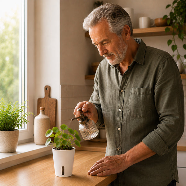 homme arrosant plante dans pot de fleurs interieur en cuisine