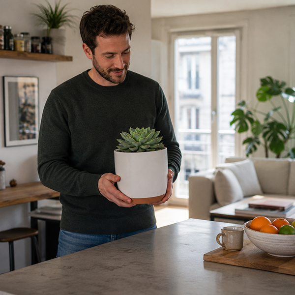 homme deposant pot de fleur blanc sur paillasse cuisine