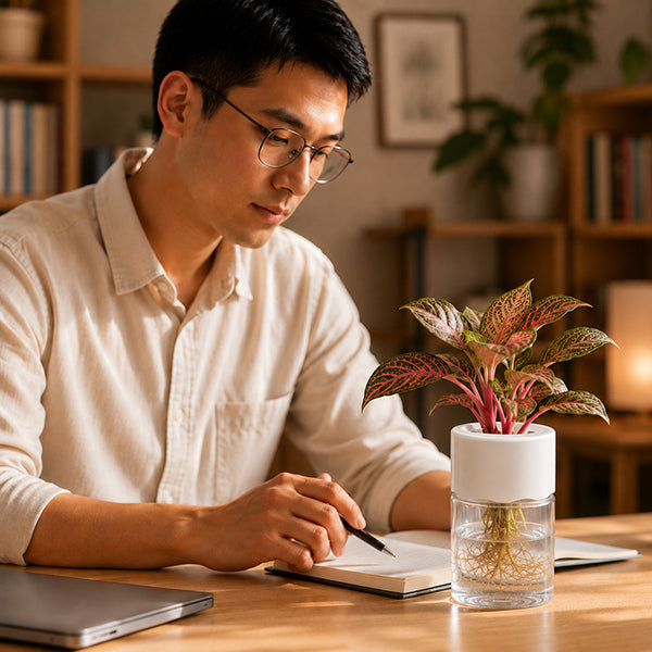 homme ecrivant proche de son pot de fleur racines apparentes