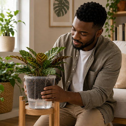 homme posant pot de fleurs design durable sur porte plante