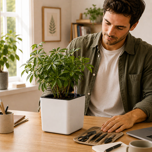 homme prenant soin de sa plante dans son pot a fleur