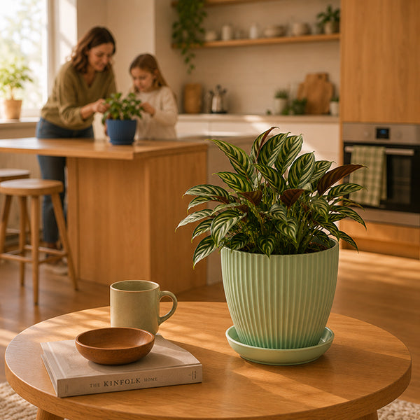mere apprenant a sa fille a prendre soin des plantes dans pot de fleur