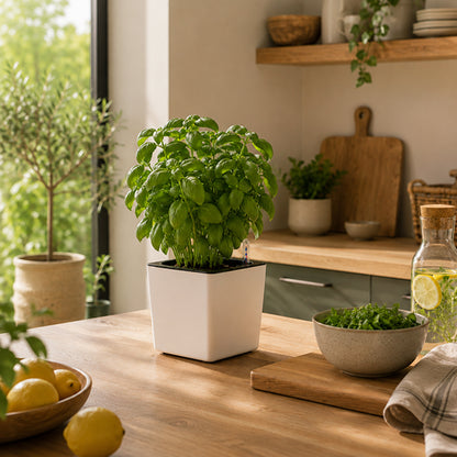 pot de fleur aquacube avec basilique sur comptoire cuisine