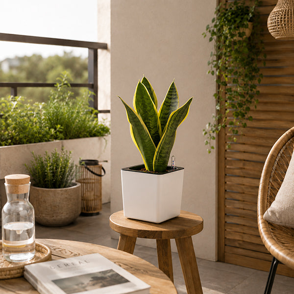 pot de fleur aquacube avec tabouret sur blacon