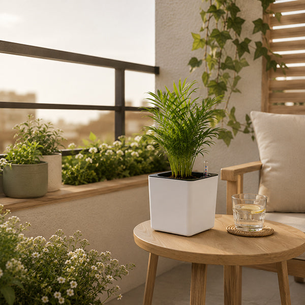 pot de fleur aquacube pose sur table basse de balcon