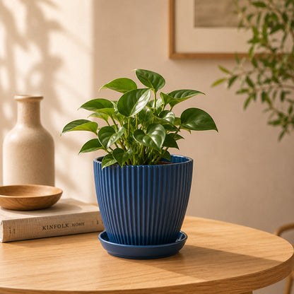 pot de fleur bleu style colonne romaine sur table