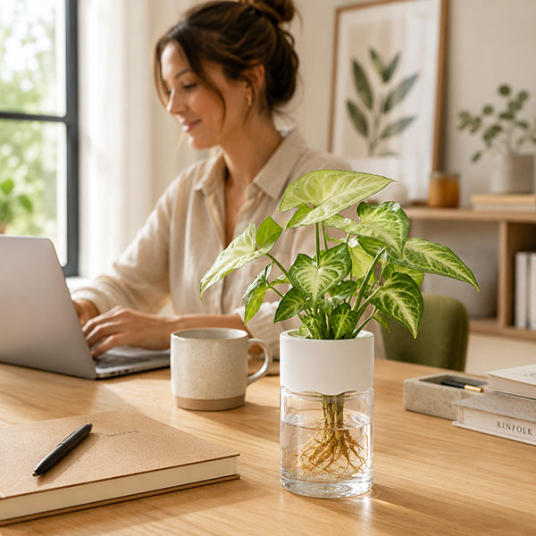 pot de fleur racines apparentes sur bureau de teletravail