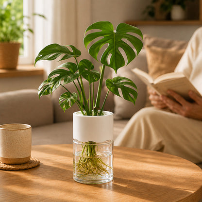 pot de fleur racines apparentes sur table basse dans salon