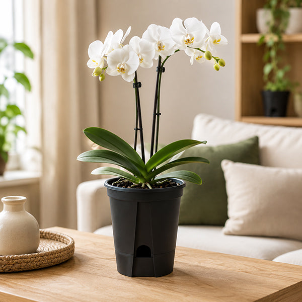 pot de fleurs design resistant avec orchidee sur table basse