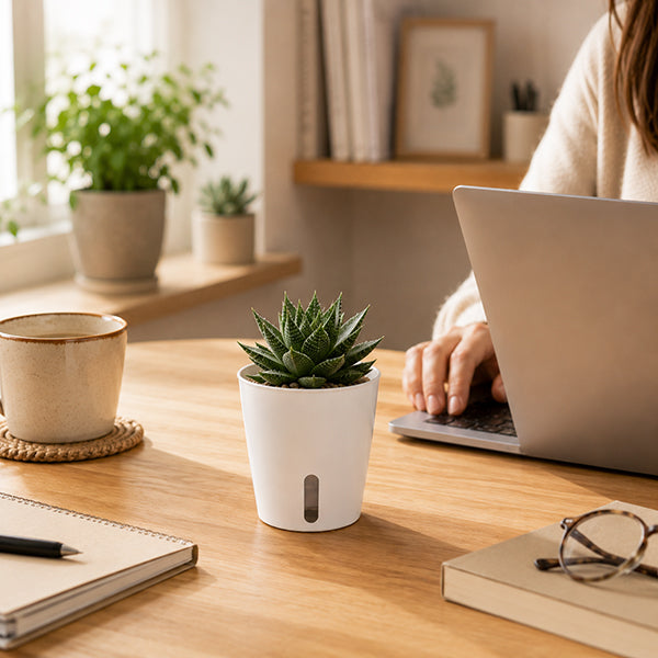 pot de fleurs interieur avec succulente sur bureau