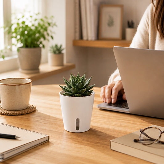 pot de fleurs interieur avec succulente sur bureau