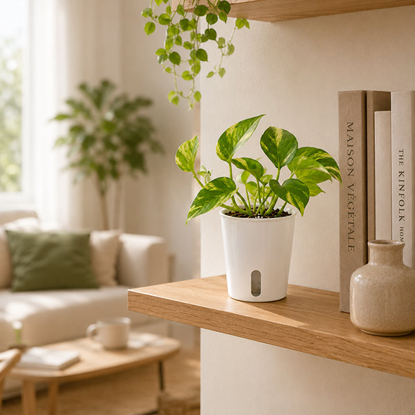 pot de fleurs interieur sur etagere dans salon