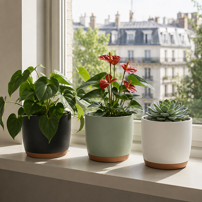 trois pots de fleurs noir vert blanc sur rebord fenetre